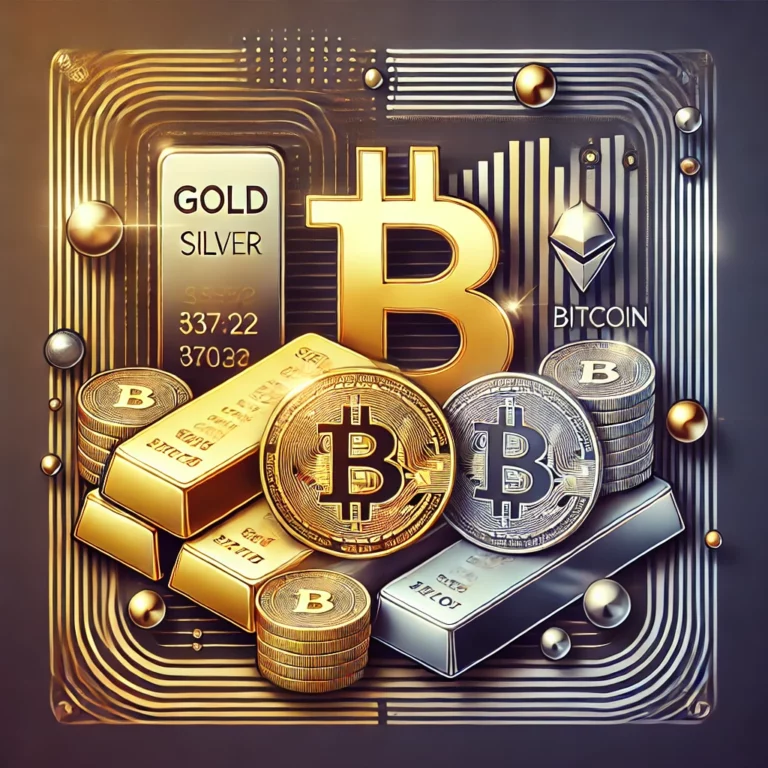 DALL·E 2024-11-15 10.05.43 - A modern, square illustration featuring elements representing gold, silver, and bitcoin in a financial context